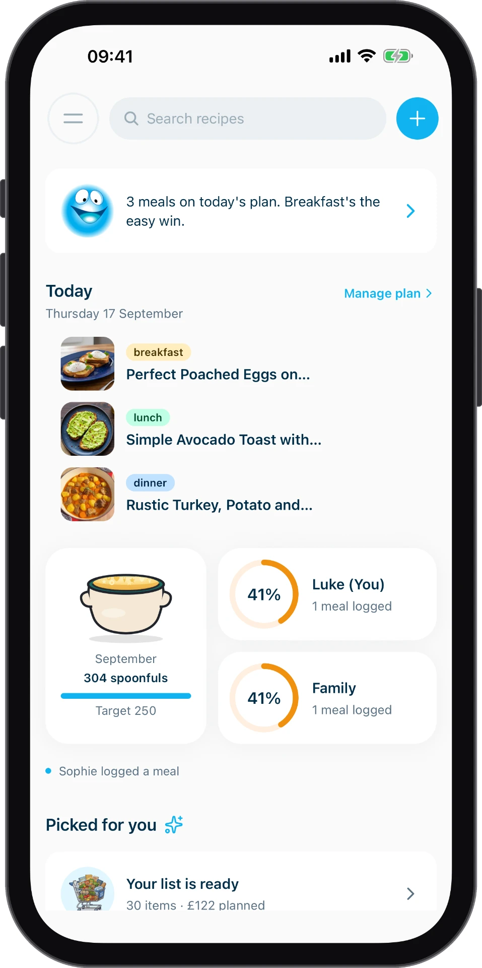 Tucki meal detail showing nutrition worked out for each family member
