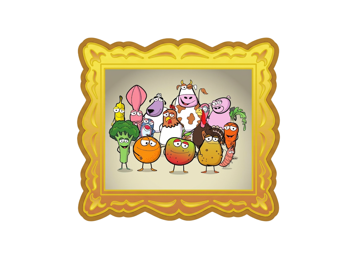 The Tucki family of cartoon fruits, vegetables and animals inside an ornate gold frame