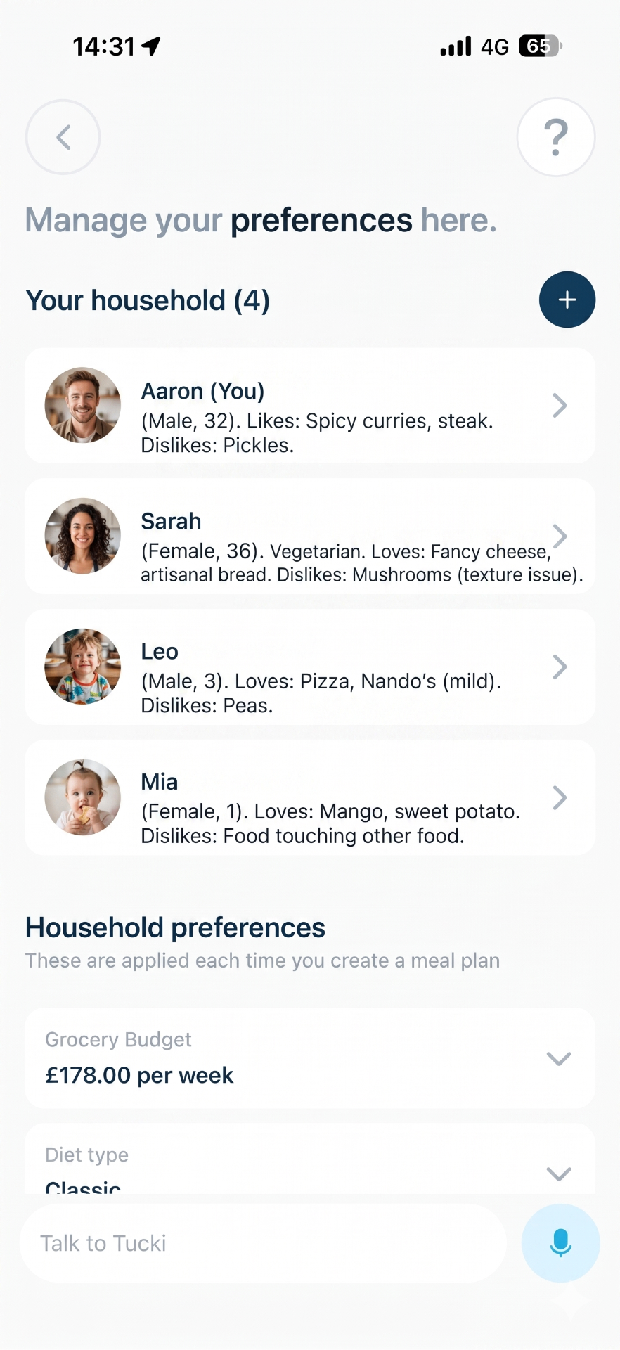 Tucki app screen showing household preferences and family members
