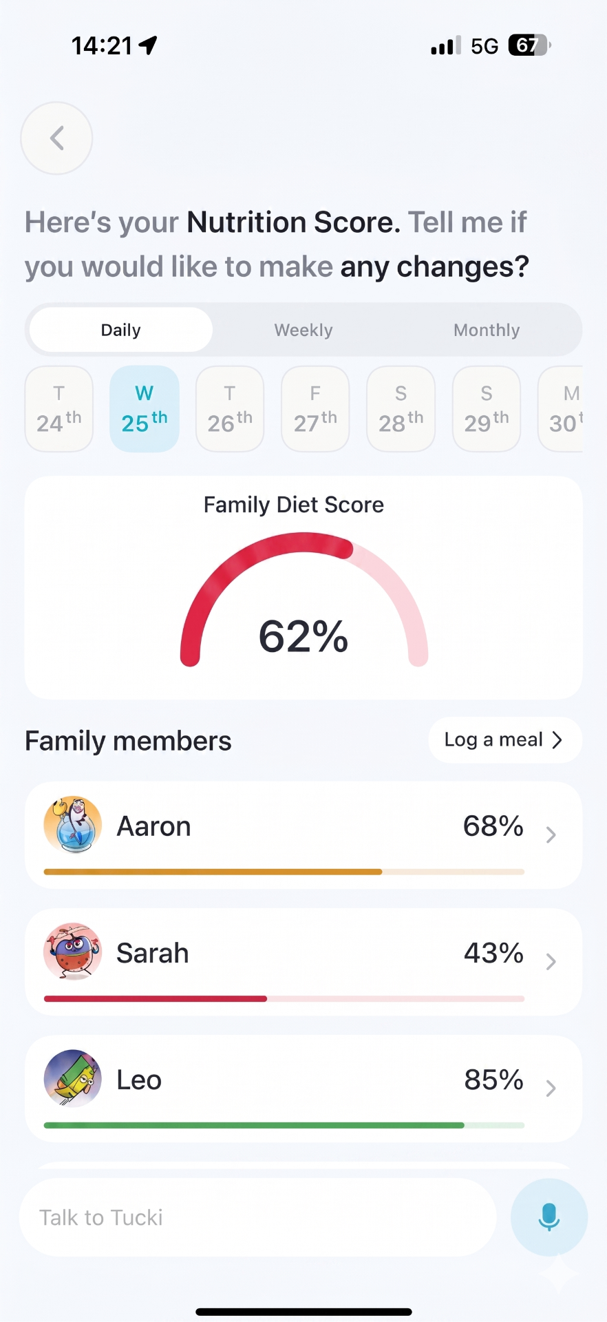 Tucki app screen showing planned meals and personal nutrition goals